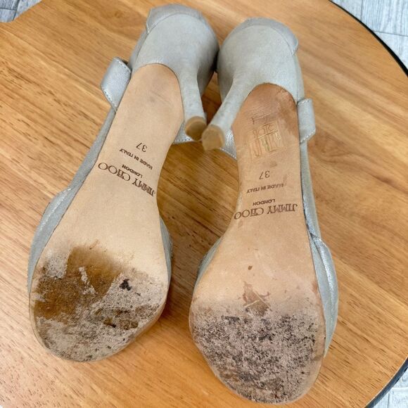 Jimmy Choo 015 Lancer Crystal Suede Strappy Heels Shimmer Silver Open Toe 37 - Picture 10 of 12